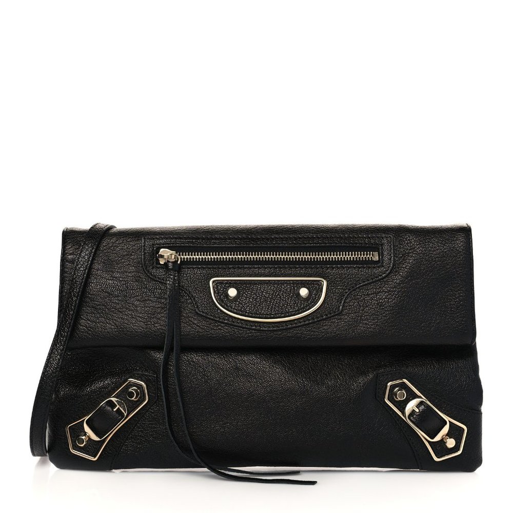 BALENCIAGA Chevre Gold Metallic Edge Hardware Envelope Clutch Black